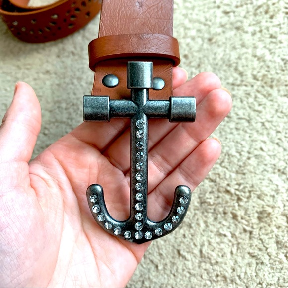 Brown Leather Belt Laser Cuts Silver Anchor Buckle main image 5
